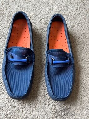 Swims Navy Mesh Slip-On Loafers with Bright Orange Insoles